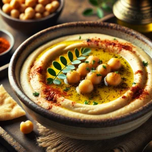 Assiette de houmous crémeux garni de pois chiches, huile d'olive et épices, dans un bol en céramique rustique.