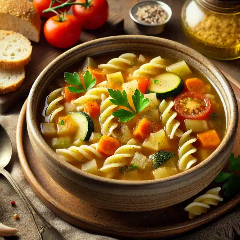 Soupe végétarienne avec pâtes et légumes frais, servie en bol rustique, accompagnée de tomates et pain.