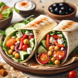 Wraps méditerranéens végétariens garnis de légumes frais, pois chiches et feta, servis sur une assiette en bois.