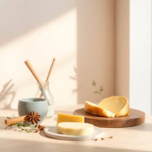Assortiment de fromages sur une table, accompagné de bâtons de cannelle et anis étoilé, éclairage doux.