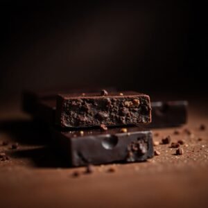 Barres de chocolat noir avec morceaux croquants sur une table en bois, ambiance gourmande et sombre.