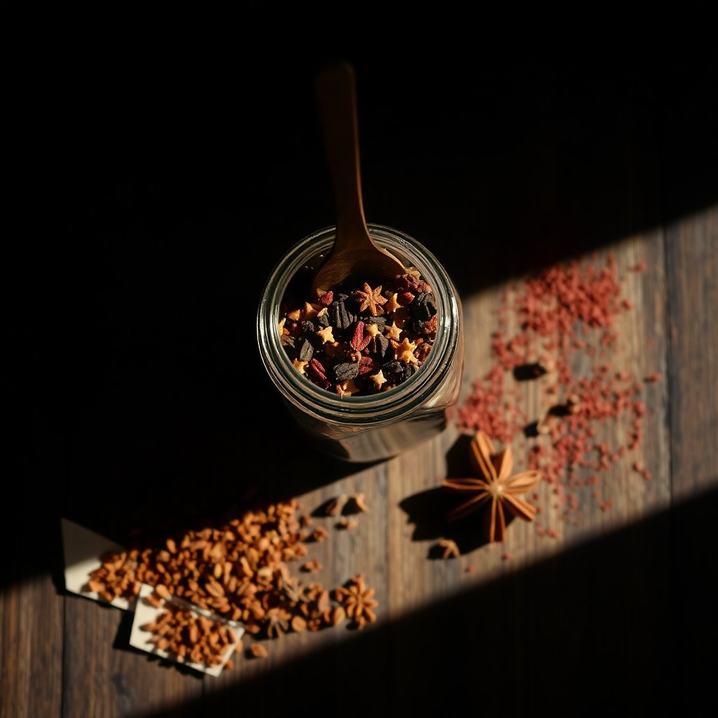 Pot de mélange d'épices avec anis étoilé en bois, éclairage dramatique sur fond sombre.