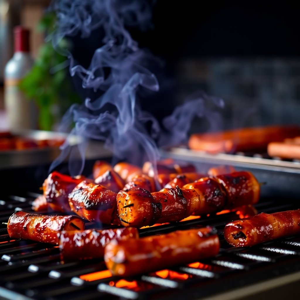 Saucisses grillées en brochettes fumantes sur barbecue, ambiance estivale et conviviale.