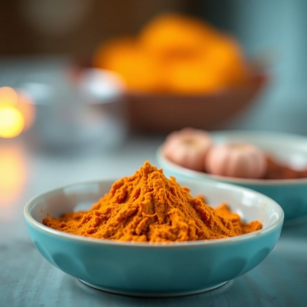 Bol de poudre de curcuma vibrant sur une table en bois, idéal pour la cuisine et les bienfaits pour la santé.
