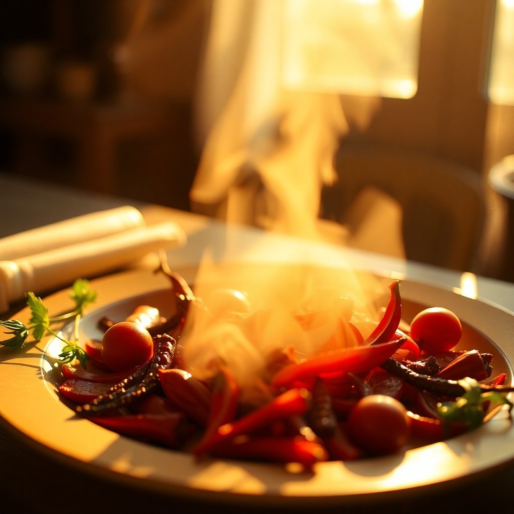 Plat de légumes colorés et épicés cuisinés, fumant sous la lumière du soleil.