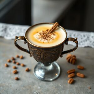 Tasse de café mousseux dans une coupe vintage ornée, agrémentée de cannelle et de cacao, ambiance cosy.