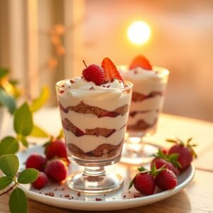 Dessert en verrine aux fraises et crème, décoré de framboises, sur fond de coucher de soleil.