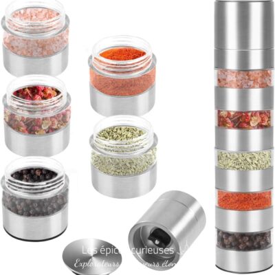 Moulin à poivre 5 compartiments - Broyage manuel - Les épices curieuses