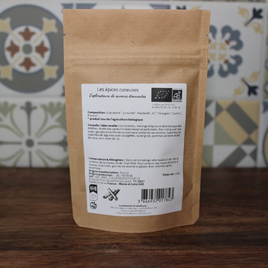 Paquet bio d'épices pour Colombo, mélange aromatique végétal, 100g, Les épices curieuses.