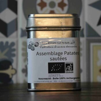 Boîte d'épices bio pour patates sautées, recyclable et gourmande, par Les Épices Curieuses.