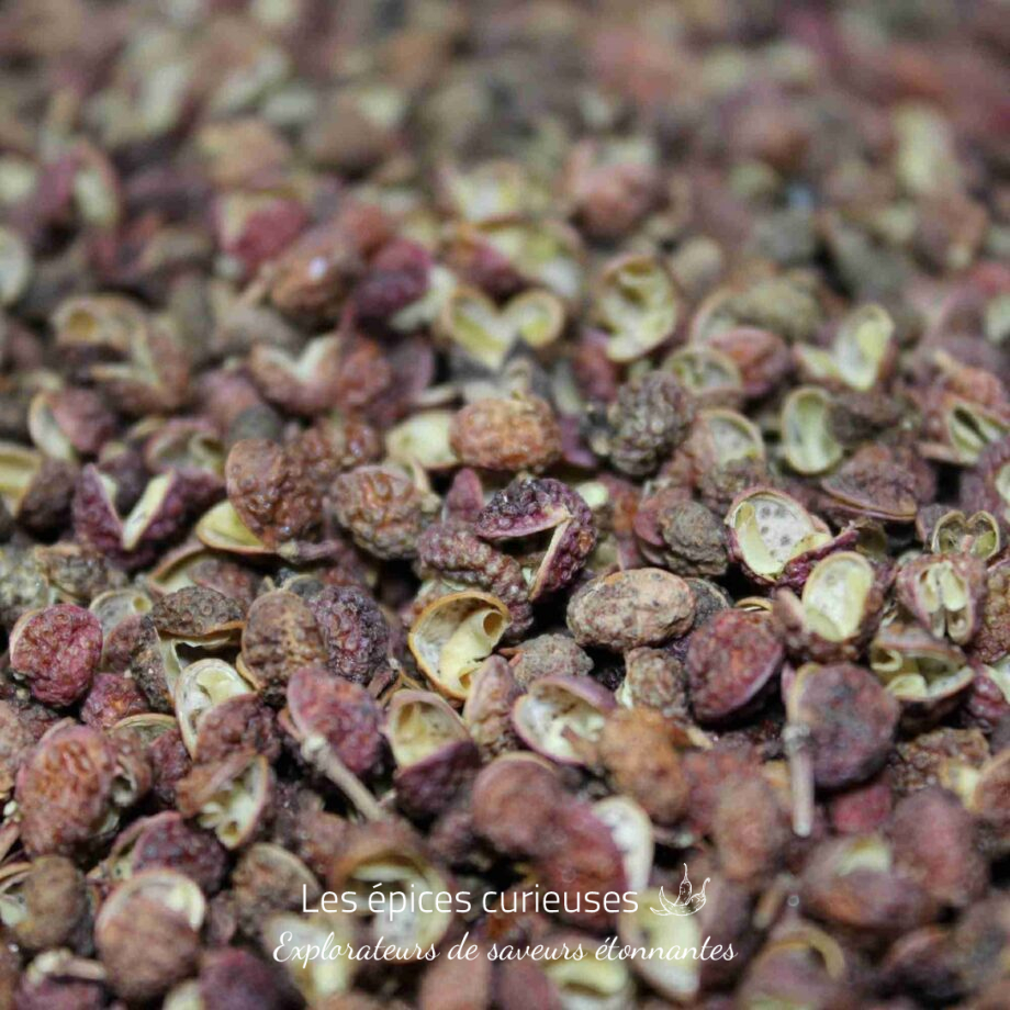 Gros plan de grains de poivre de Sichuan séchés, connus pour leur saveur unique et légèrement anesthésiante.