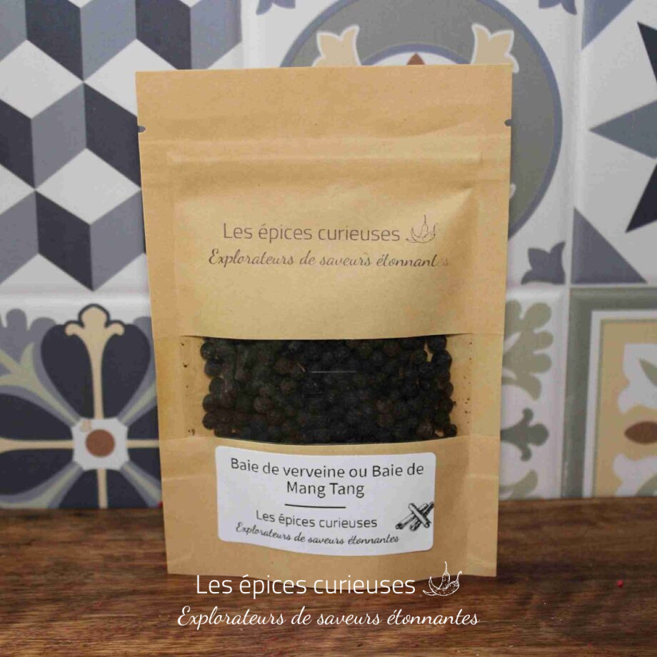 Emballage de Baie de verveine des Épices Curieuses, mélange de saveurs uniques pour cuisine exotique.