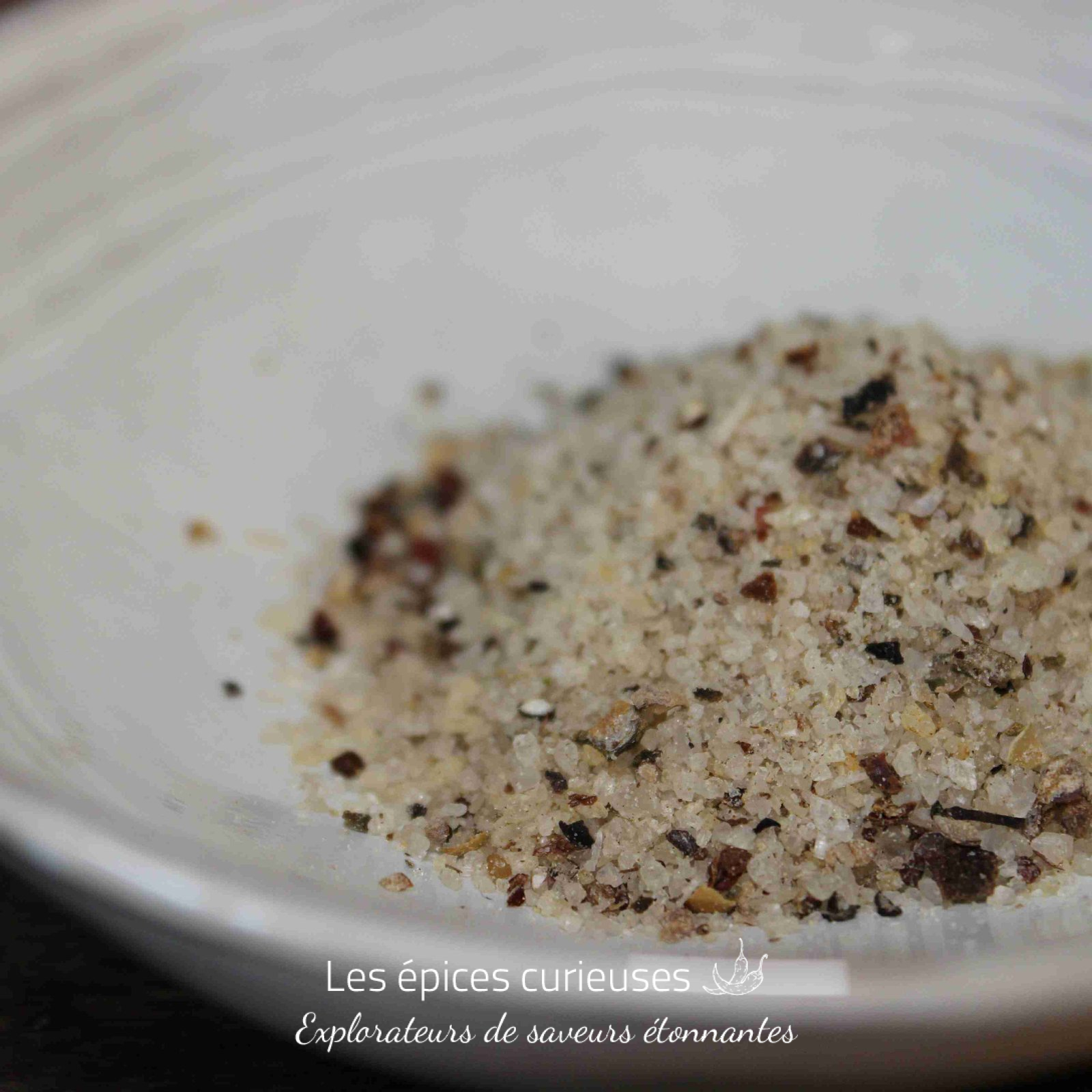 Mélange de sel épicé dans un bol blanc, idéal pour rehausser les saveurs culinaires.