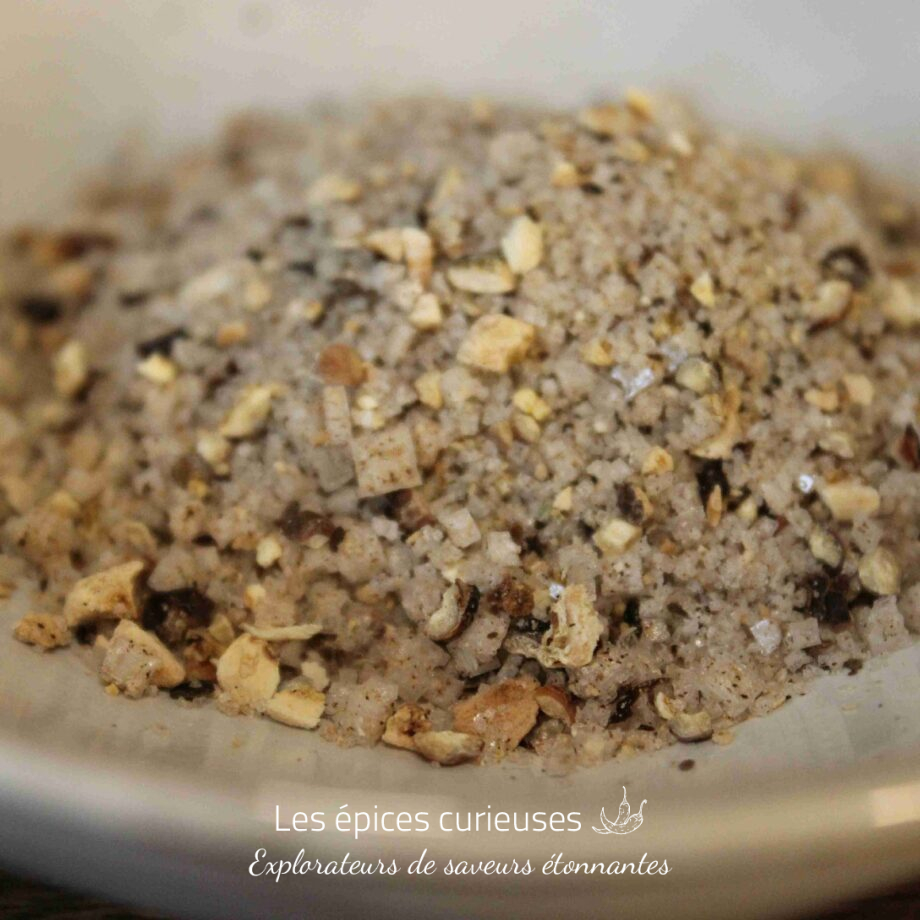 Mélange d'épices et de sel dans un bol blanc, idéal pour assaisonner vos plats avec une touche gourmande et aromatique.