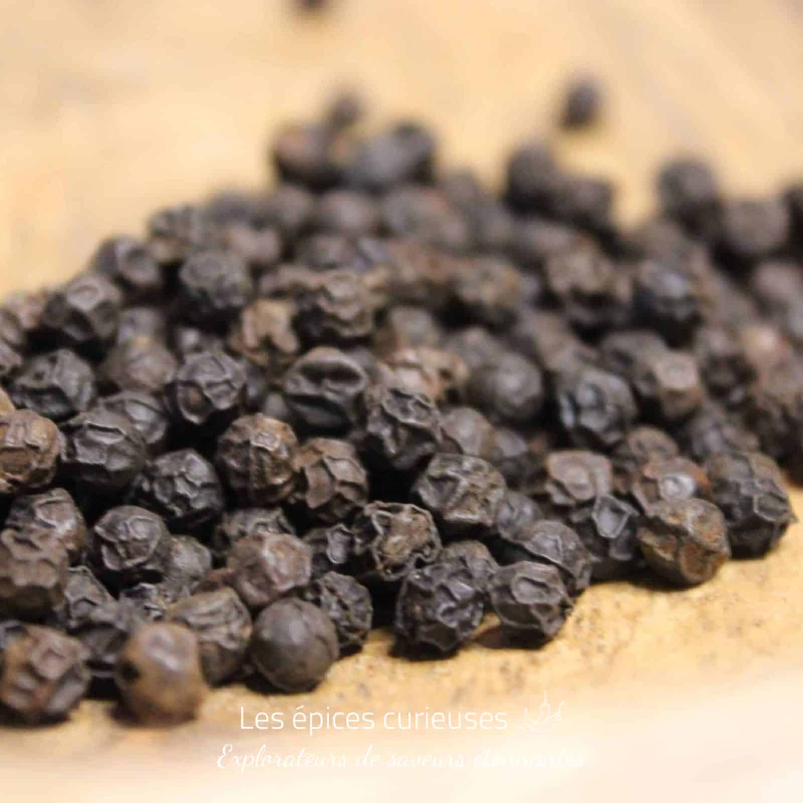Poivre noir Tellichery, épice bio, artisanal, idéal pour la cuisine raffinée.