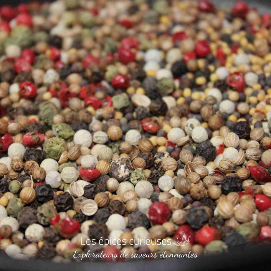 Mélange de grains de poivre colorés, idéal pour rehausser vos plats avec une touche épicée et aromatique.