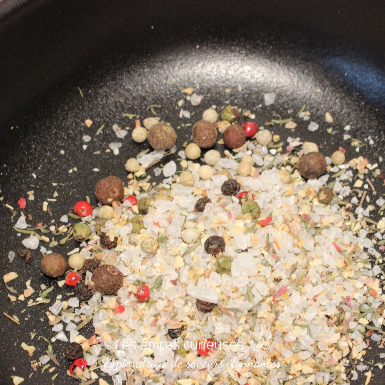 Mélange de poivres et épices variées dans une poêle, idéal pour relever vos plats avec des saveurs intenses.