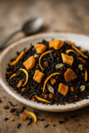 Mélange de thé noir, pêche, épices et zestes d'agrumes pour une boisson rafraîchissante.