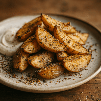 Quartiers de pommes de terre rôties aux herbes, servis avec une sauce crémeuse sur une assiette rustique en céramique.