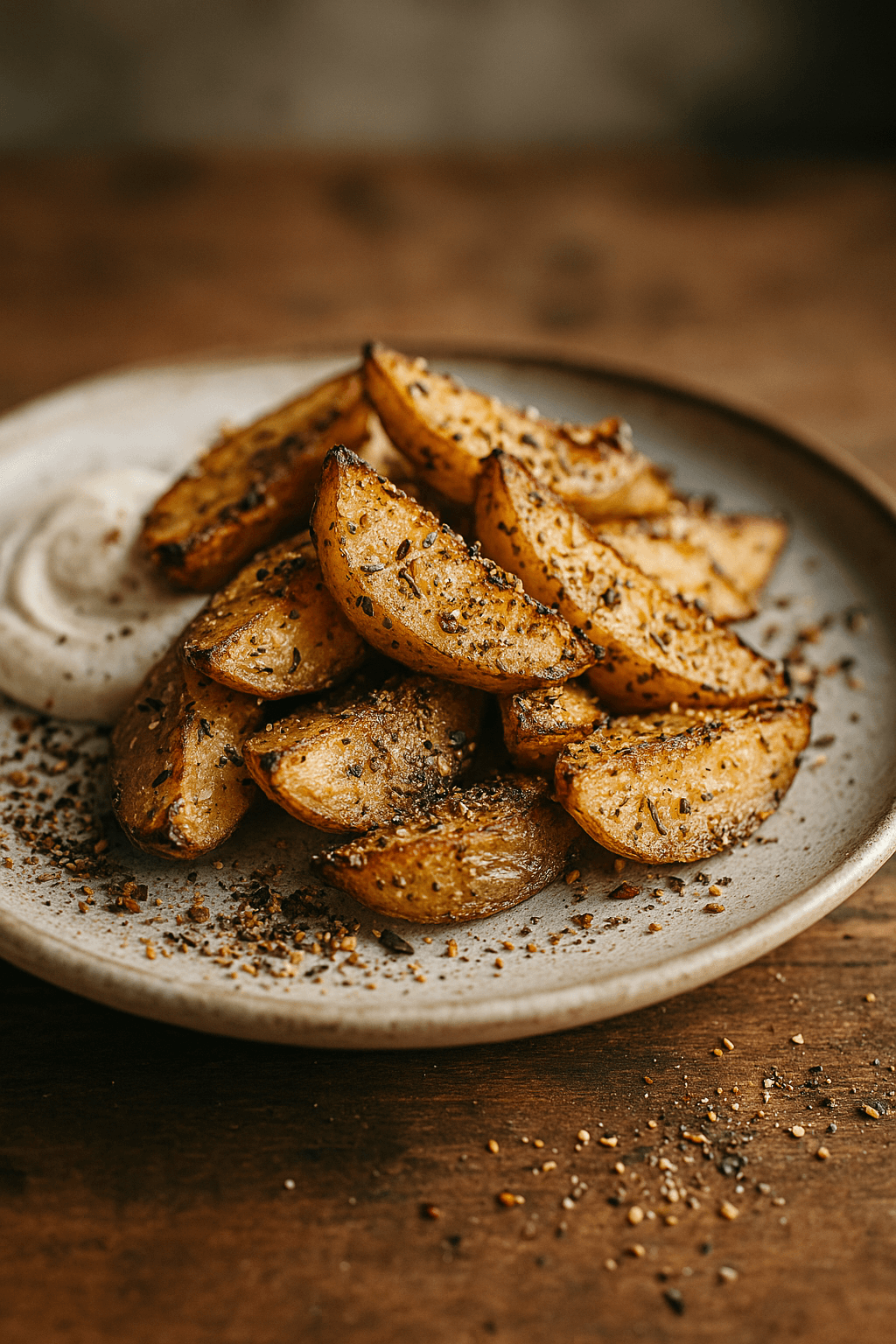 Quartiers de pommes de terre rôties aux herbes, servis avec une sauce crémeuse sur une assiette rustique en céramique.