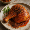 Cuisse de poulet épicée avec croûte croustillante, servie sur assiette, accompagnée d'herbes fraîches.