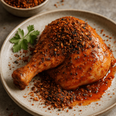 Cuisse de poulet épicée avec croûte croustillante, servie sur assiette, accompagnée d'herbes fraîches.