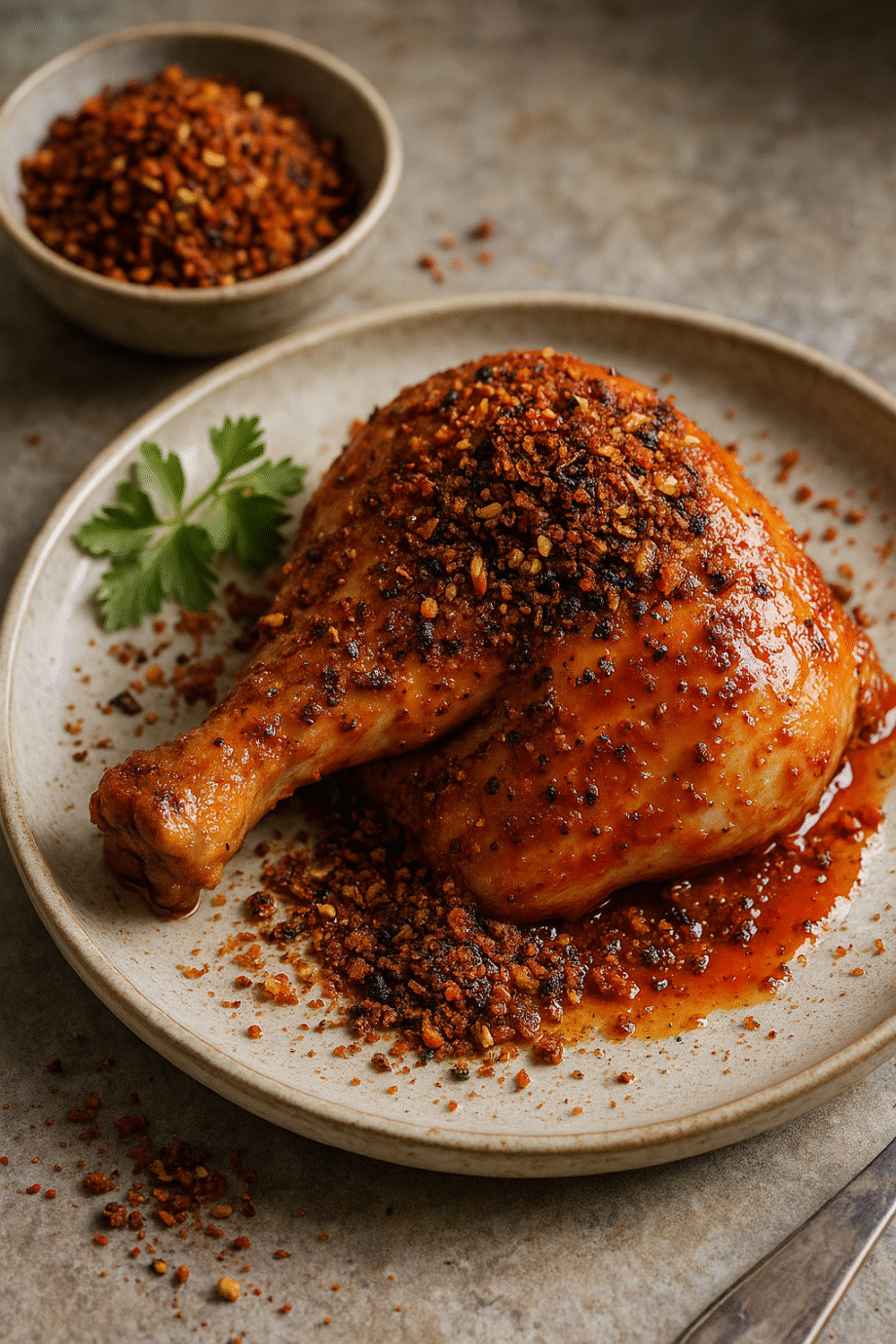 Cuisse de poulet épicée avec croûte croustillante, servie sur assiette, accompagnée d'herbes fraîches.