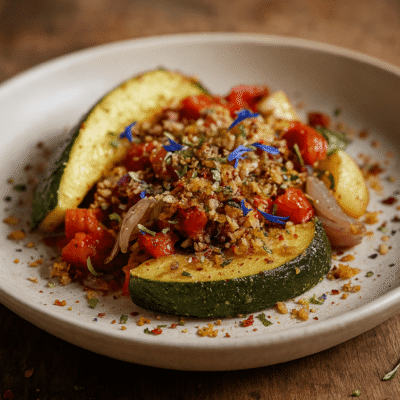 Plat de courgettes rôties avec tomates, garnies de chapelure épicée et herbes, sur assiette blanche en bois.