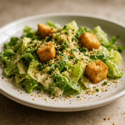 Salade César appétissante avec laitue croquante, croûtons dorés et parmesan, saupoudrée de ciboulette fraîche.