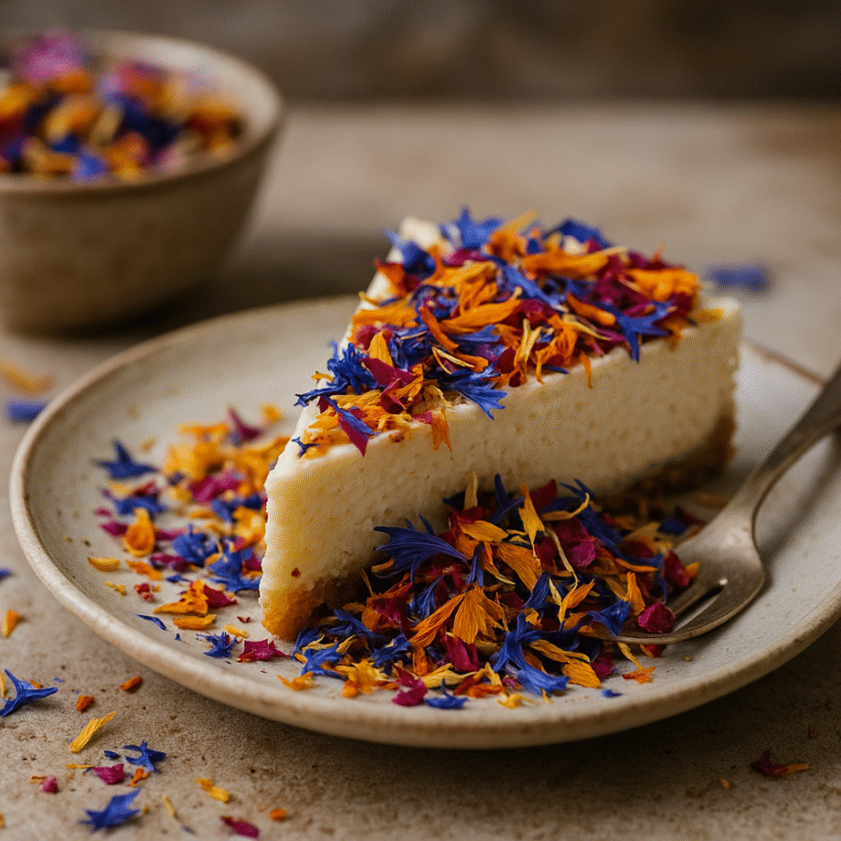 Part de cheesecake crémeux garnie de pétales colorés, servie sur une assiette beige avec une fourchette.