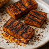 Tofu grillé épicé et épi de maïs sur assiette en céramique, délicieux repas végane.