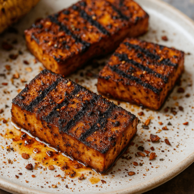 Tofu grillé épicé et épi de maïs sur assiette en céramique, délicieux repas végane.