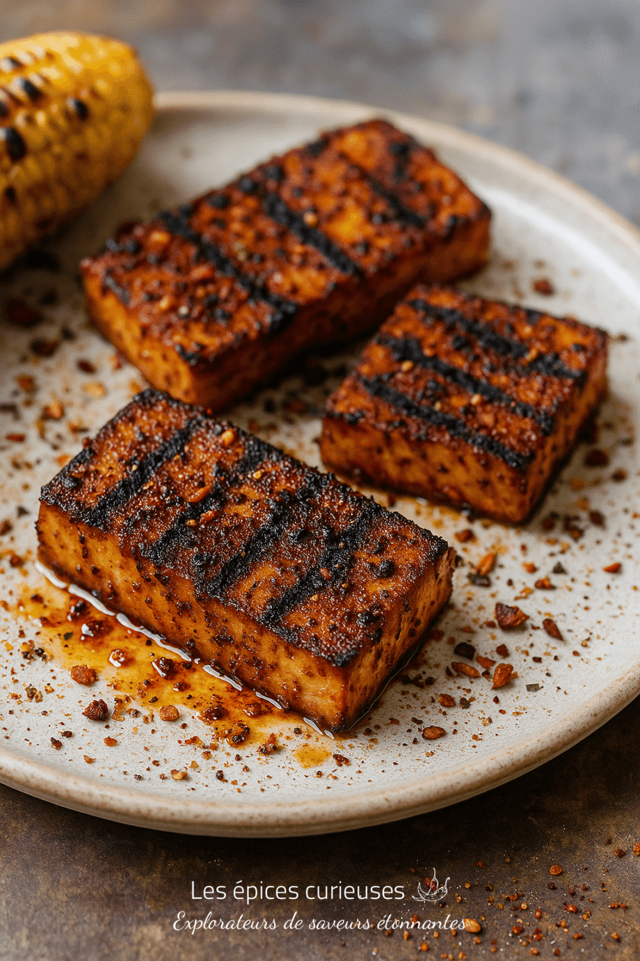 Tofu grillé épicé et épi de maïs sur assiette en céramique, délicieux repas végane.