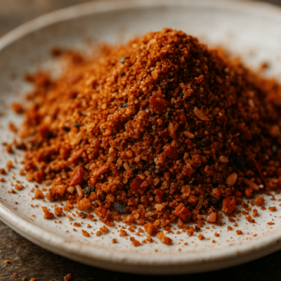 Assortiment d'épices rouges savoureuses sur une assiette, idéal pour relever vos plats avec une touche épicée.