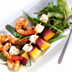 Brochettes de crevettes marinées au sumac et paprika avec salade de melon, feta et coriandre – recette estivale fraîche et savoureuse- Les épices curieuses