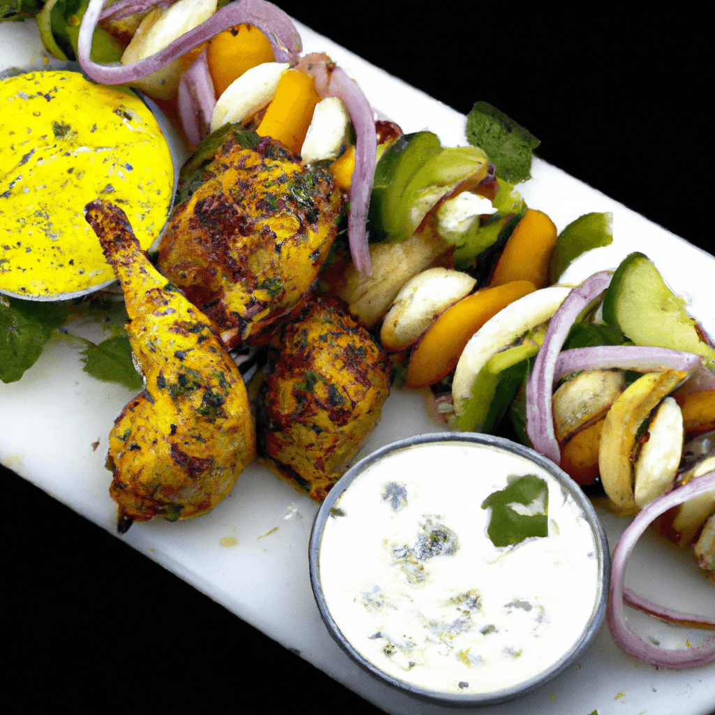Brochettes de poulet au garam masala et citron vert, marinées au yaourt, grillées avec légumes d’été et sauce yaourt coriandre- Les épices curieuses