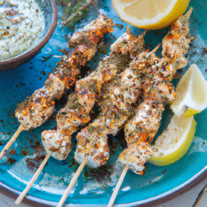 Brochettes de poulet au yaourt et zaatar avec tzatziki au sumac – recette savoureuse pour barbecue oriental- Les épices curieuses