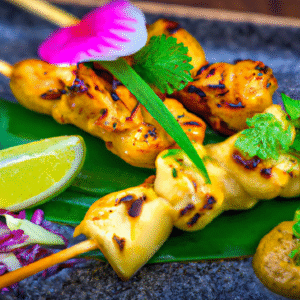 Brochettes de poulet façon satay, sauce cacahuète & citronnelle grillée- Les épices curieuses