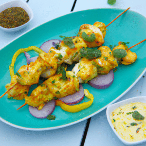 Brochettes de poulet marinées au yaourt et curcuma avec sauce tzatziki à la coriandre – recette estivale savoureuse et parfumée- Les épices curieuses