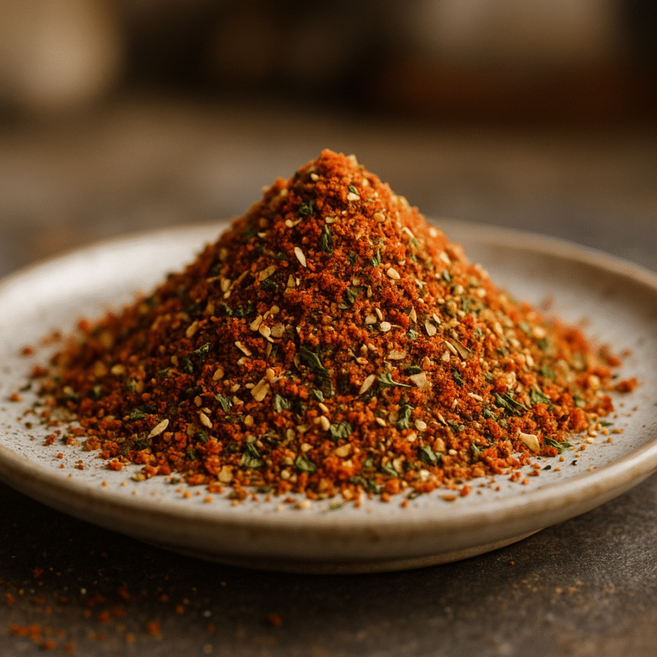 Assiette de shichimi togarashi, un mélange traditionnel japonais de sept épices aux couleurs vives et saveurs variées.