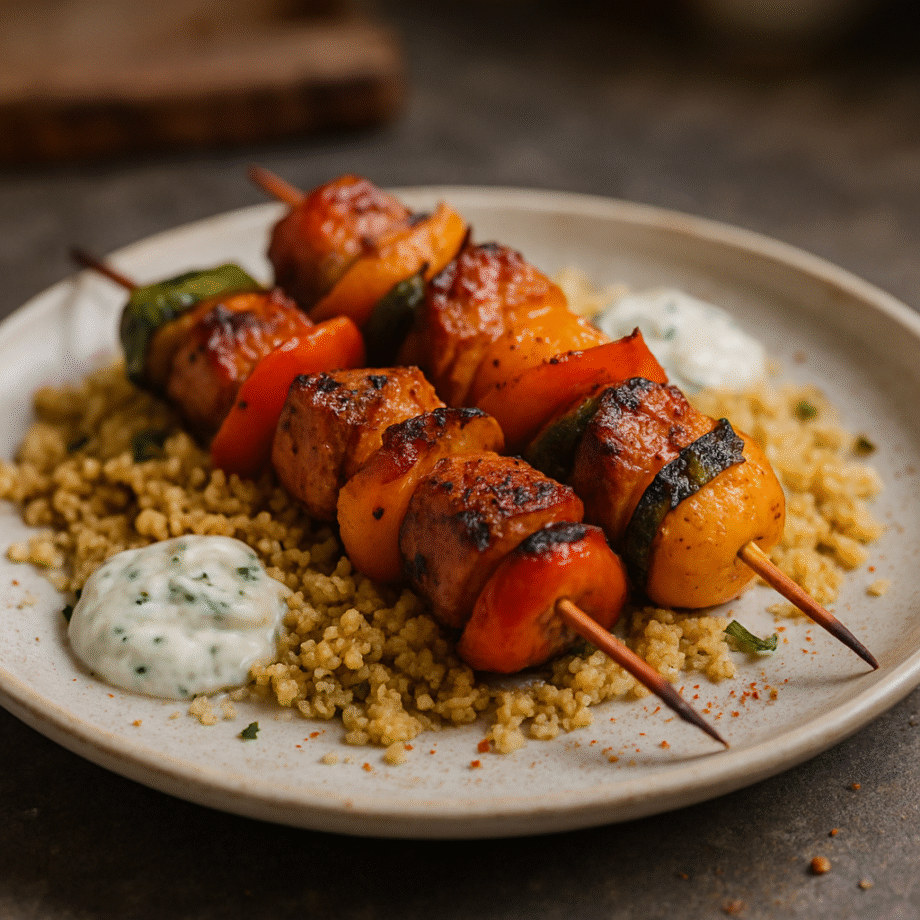 Brochettes de légumes grillés sur boulgour, accompagnées d'une sauce crémeuse, servies dans une assiette beige.