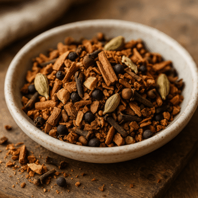 Mélange d'épices dans un bol en céramique sur une table en bois, prêt pour des recettes parfumées et savoureuses.