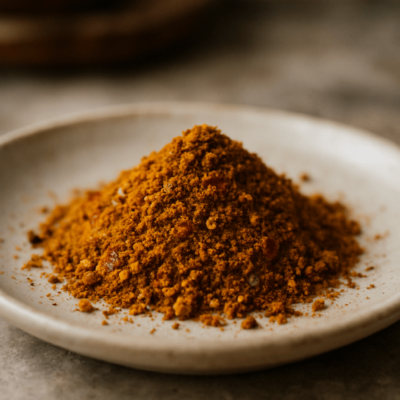 Monticule d'épices colorées sur une assiette blanche, prêt à rehausser vos plats de saveurs exotiques.