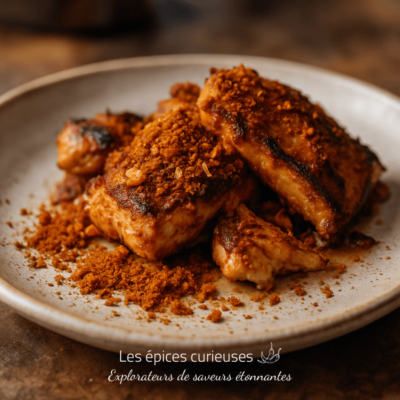 Poulet grillé épicé avec chapelure croustillante, servi sur une assiette en céramique.