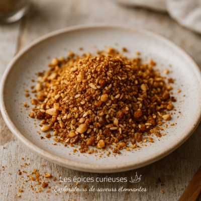 Assiette de dukkah maison, mélange épicé de noix et graines, idéal pour agrémenter vos plats.