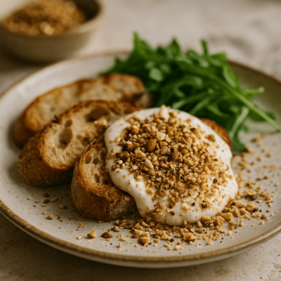 Tranches de pain grillé avec fromage crémeux, noisettes concassées et roquette fraîche sur assiette en céramique.