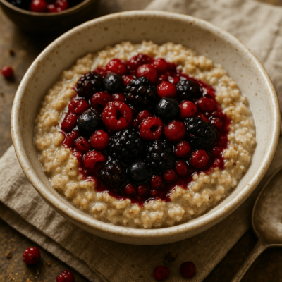 Bol de porridge sain garni de fruits rouges et baies pour un petit-déjeuner équilibré et nutritif.