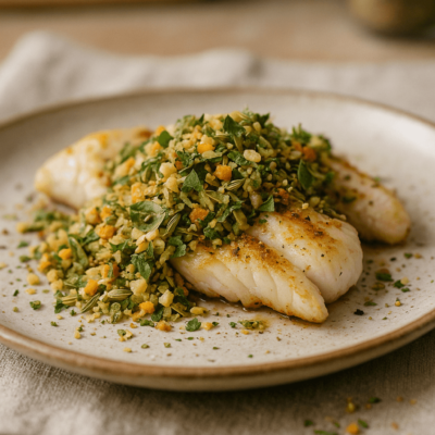 Plat de poisson blanc garni d'herbes et d'épices sur une assiette en céramique.
