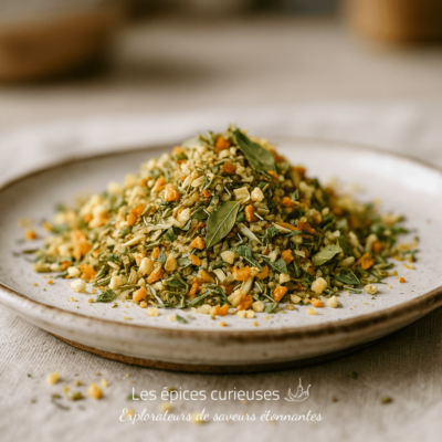 Assortiment de légumes et herbes séchés sur une assiette, idéal pour rehausser les plats divers.