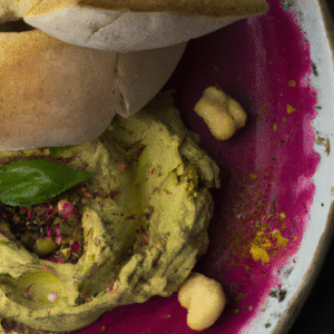 Houmous glacé au basilic et pistaches, pain pita maison- Les épices curieuses